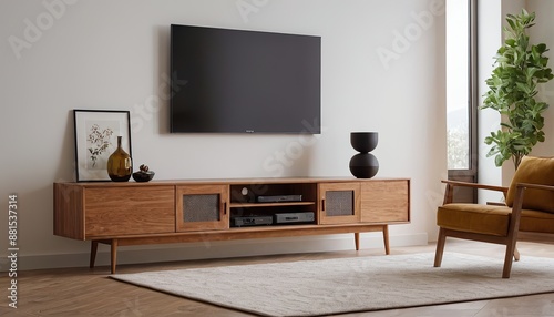 Fototapeta Naklejka Na Ścianę i Meble -  Minimalist living room interior with white wall background and TV cabinet, minimalist, living room, interior decor, white