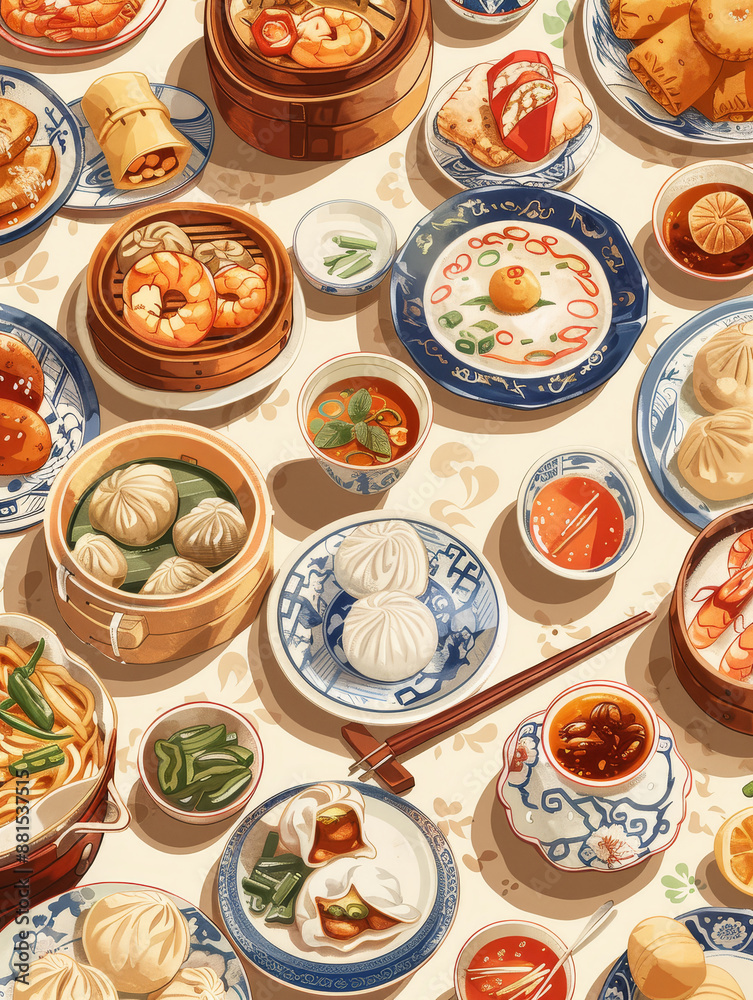 A Feast of Chinese Cuisine: A Delightful Spread of Dim Sum - A vibrant illustration showcasing a delicious spread of Chinese dim sum dishes, featuring steamed dumplings, savory noodles, plump shrimp, A Feast of Chinese Cuisine: A Delightful Spread of Dim Sum - A vibrant illustration showcasing a delicious spread of Chinese dim sum dishes, featuring steamed dumplings, savory noodles, plump shrimp,