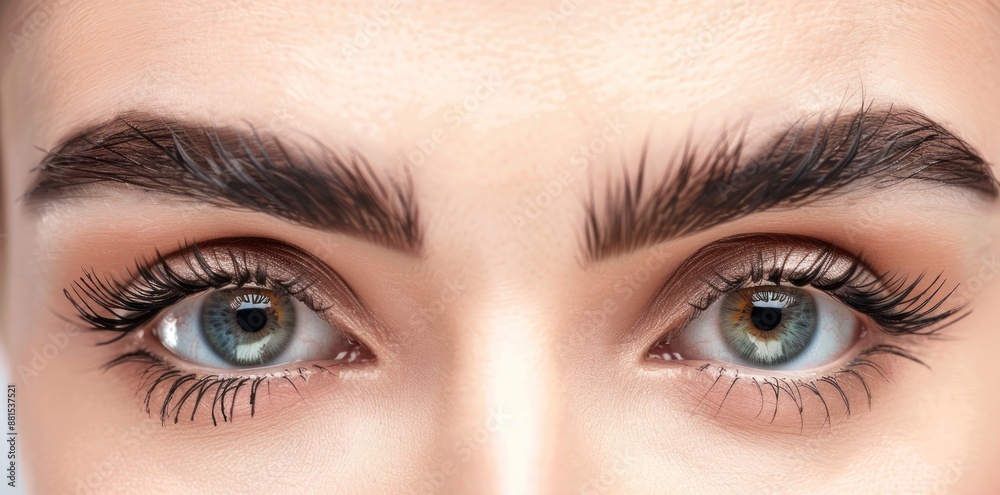 Obraz premium Beautiful female Eye with extremely long Eyelashes. Eyelash Extensions. Makeup, Cosmetics, Beauty. Close-up view, Macro