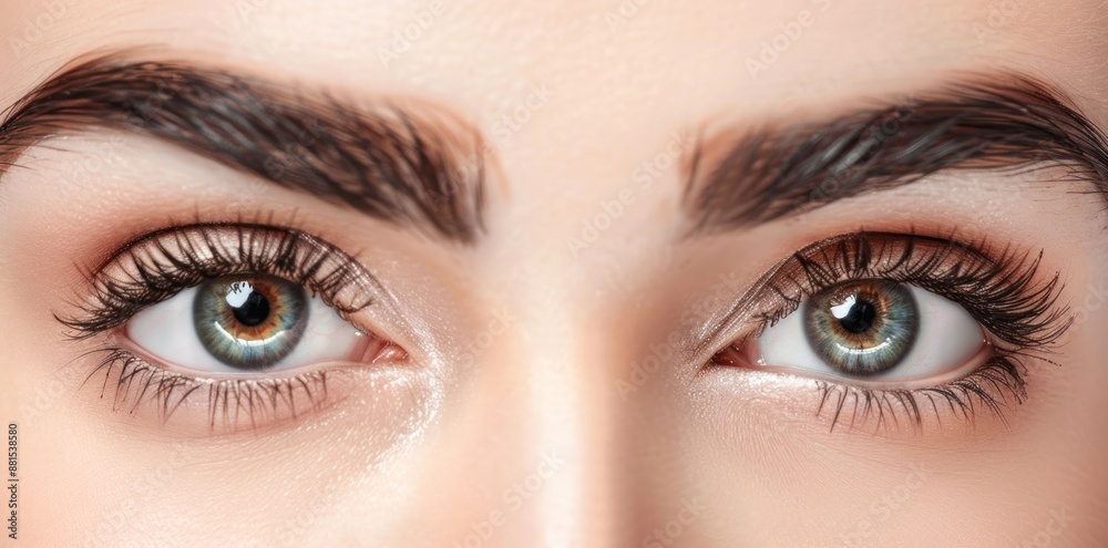 Obraz premium Beautiful female Eye with extremely long Eyelashes. Eyelash Extensions. Makeup, Cosmetics, Beauty. Close-up view, Macro