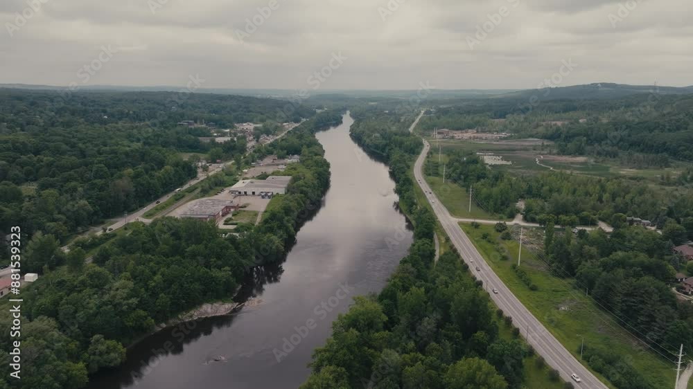 Tranquil Scenery Of Magog River In Sherbrooke, Canada - Aerial Drone Shot Tranquil Scenery Of Magog River In Sherbrooke, Canada - Aerial Drone Shot