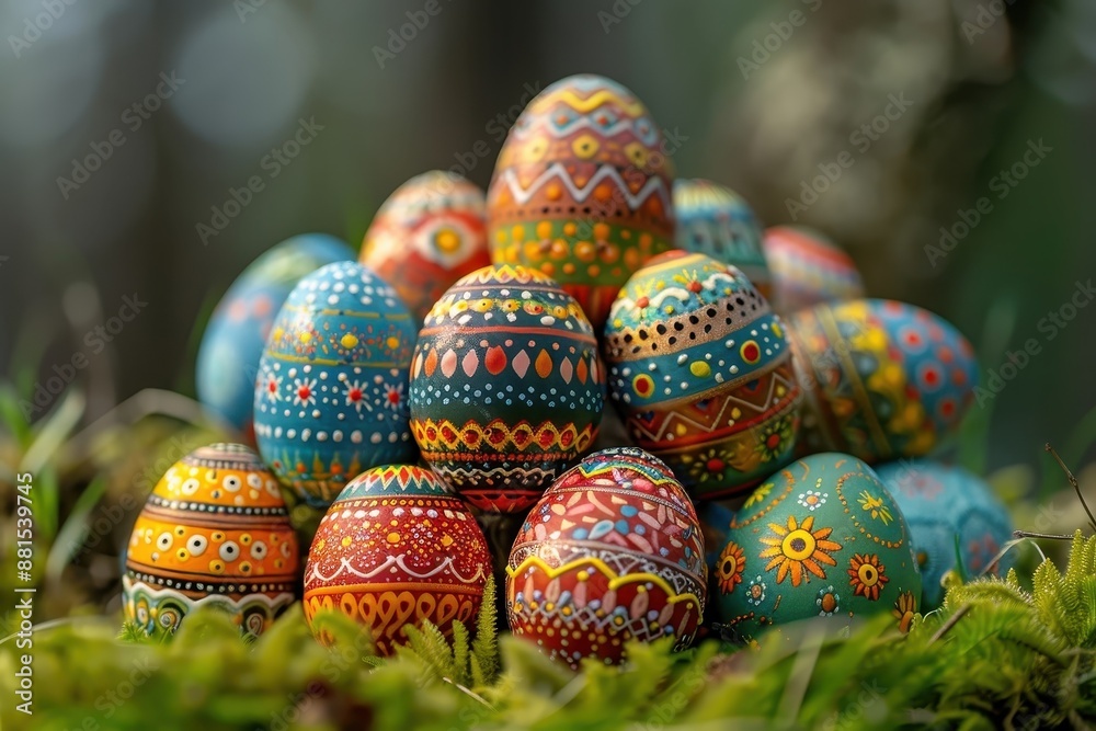Celebrates the festive spirit of Easter with a colorful display of decorated eggs.