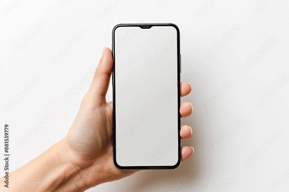 Smartphone mockup on hand with white blank screen created with Generative AI Smartphone mockup on hand with white blank screen created with Generative AI
