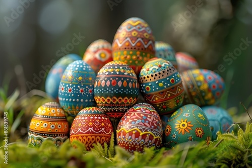 Celebrates the festive spirit of Easter with a colorful display of decorated eggs.