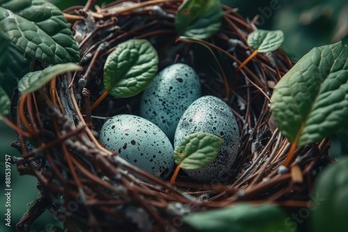 Captures the delicate beauty and fragility of a bird's nest and its precious contents.