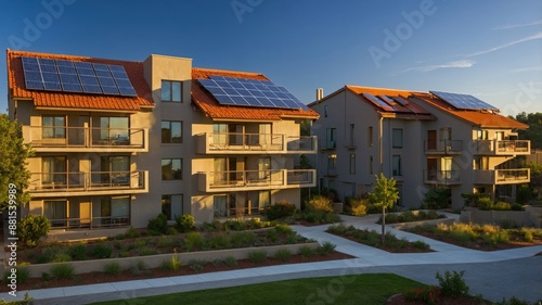 Modern apartment buildings with solar panels on the rooftops, surrounded by landscaped gardens and lit by the setting sun.
