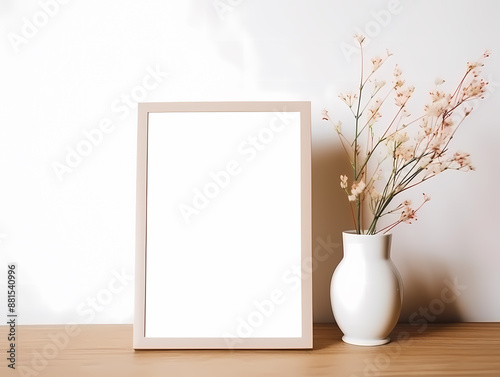 Minimalist frame mockup with blooming flowers in a white vase on a wooden surface.