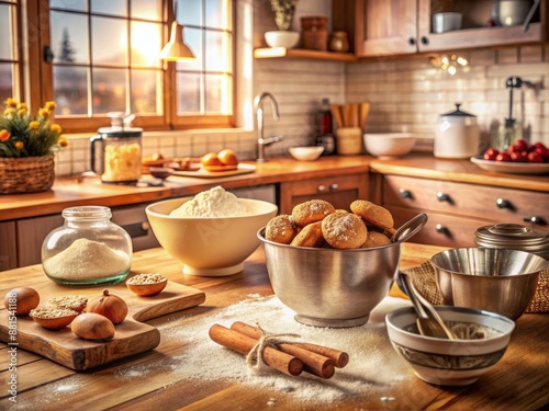 Wallpaper Mural Warm and cozy kitchen scene with vintage baking utensils, mixing bowls, and freshly baked cookies on a flour-dusted countertop, evoking a sense of intergenerational love. Torontodigital.ca
