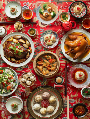 Wallpaper Mural Chinese Cuisine Feast - A table spread with a variety of Chinese dishes, featuring dumplings, chicken, vegetables and more. - A table spread with a variety of Chinese dishes, featuring dumplings, chic Torontodigital.ca