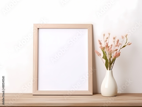 Minimalistic wooden frame beside a vase with delicate pink flowers on a wooden surface.