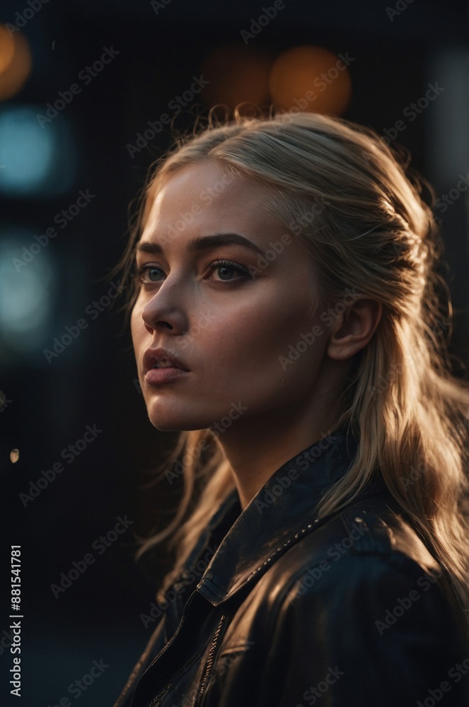 Moody portrait of a woman with blonde hair wearing a leather jacket, set against a blurred urban night background with soft lighting.
Moody portrait of a woman with blonde hair wearing a leather jacket, set against a blurred urban night background with soft lighting.