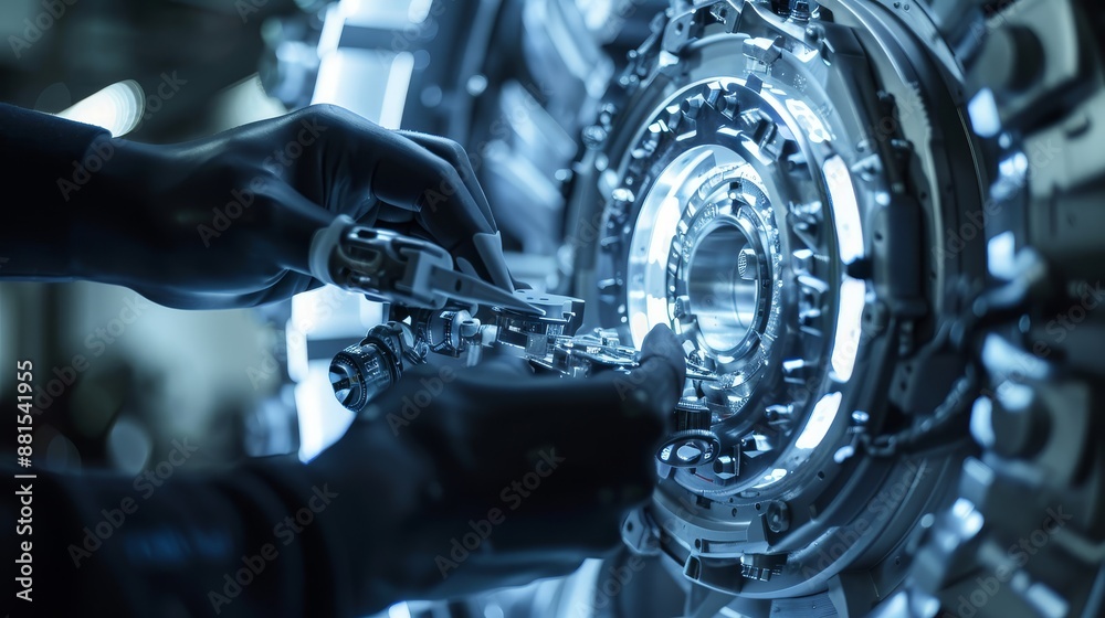Fototapeta premium Close-up of a Machine Operator Working on Industrial Equipment - A close-up of a gloved hand working on a complex industrial machine. The machine is surrounded by metal parts and gears. The image evok