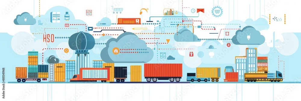 Cloud Based Logistics Network - Illustration of a cloud-based logistics network, featuring trucks, containers, and interconnected cloud computing systems, representing efficient, digitalized, and glob Cloud Based Logistics Network - Illustration of a cloud-based logistics network, featuring trucks, containers, and interconnected cloud computing systems, representing efficient, digitalized, and glob