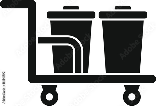 Black and white icon of a hotel service cart carrying two trash cans, ideal for topics like hospitality and housekeeping