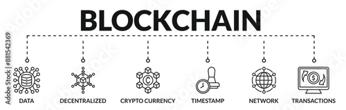 Banner of blockchain web vector illustration concept with icons of data, decentralized, crypto currency, timestamp, network, transactions