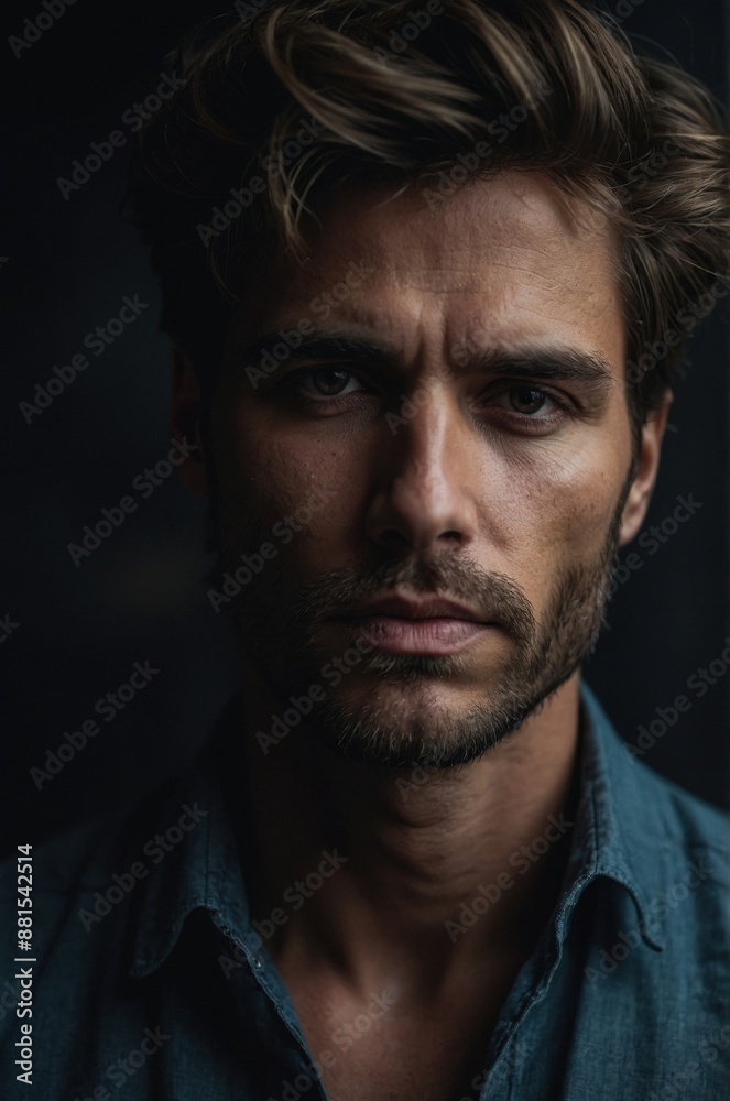 Brooding close-up portrait of a man with a serious expression, wearing a denim shirt, set against a dark background.
Brooding close-up portrait of a man with a serious expression, wearing a denim shirt, set against a dark background.