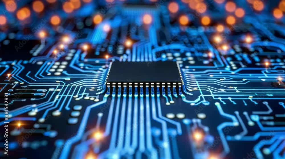 Glowing blue circuit board with central processor unit symbolizes advanced computing technology Glowing blue circuit board with central processor unit symbolizes advanced computing technology