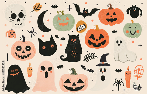 Halloween Elements, Halloween clipart,a collection of Halloween symbols including ghosts, bats, pumpkins