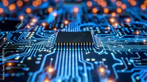 Glowing blue circuit board with central processor unit symbolizes advanced computing technology
