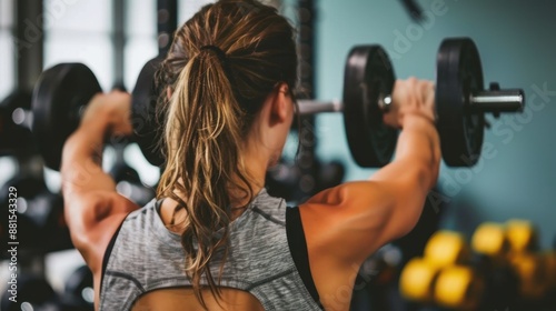 Rear view of a woman lifting weights in the gym, performing a Dumbbell shoulder press exercise