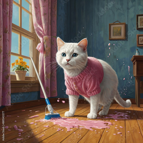 An anthropom orphic cat dressed in a pink sweater ai photo