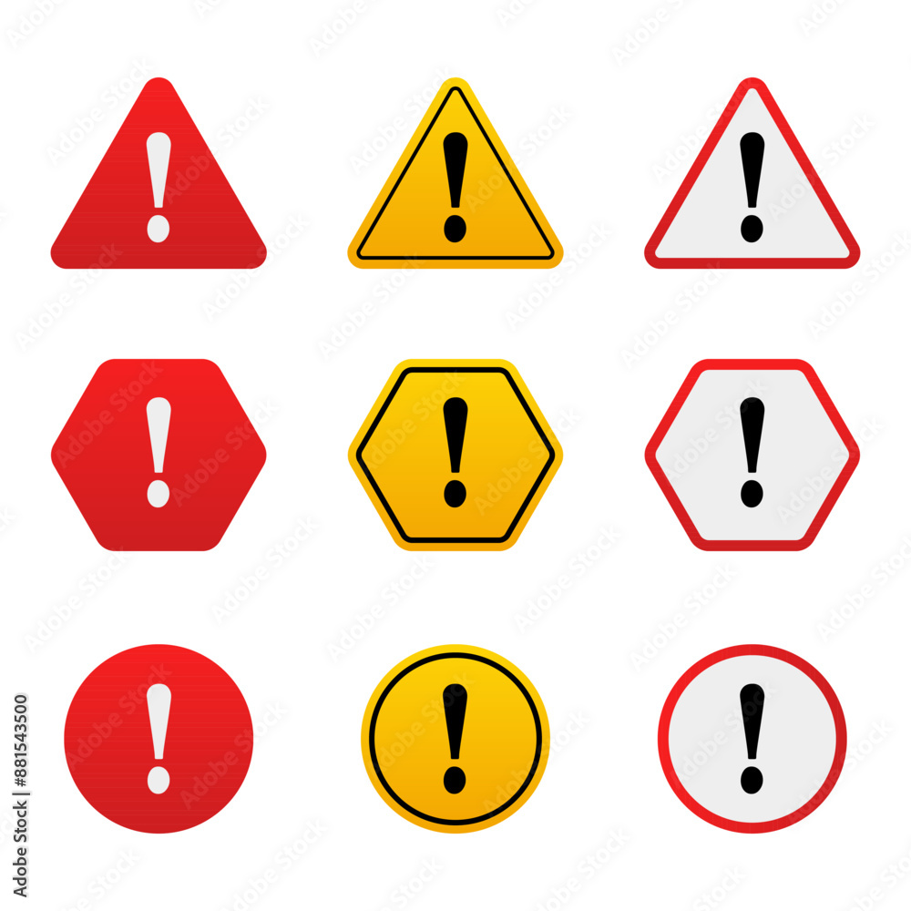 Warning and danger sign set Attention sign with exclamation mark Warning and danger sign set Attention sign with exclamation mark