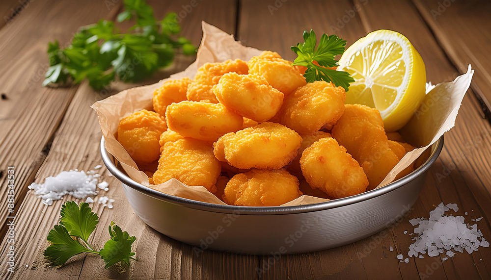 Golden fish sticks, crispy and savory, served with lemon wedges and herbs on a rustic wooden tray Golden fish sticks, crispy and savory, served with lemon wedges and herbs on a rustic wooden tray