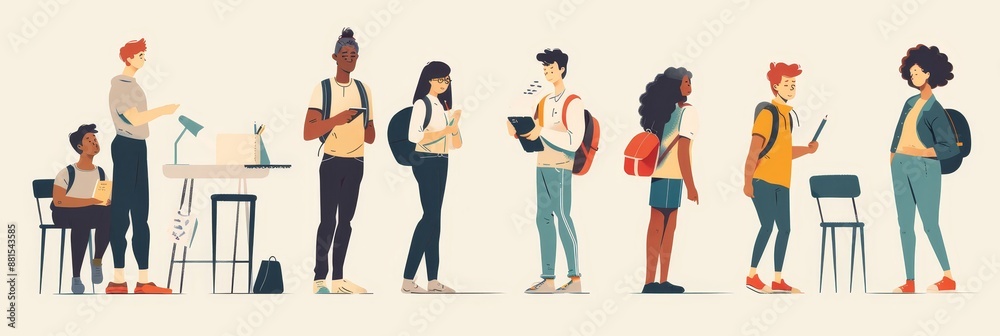 Fototapeta premium Diverse Group of Students Hanging Out at a University or College Campus - An illustration of a group of diverse students hanging out at a university or college campus. They are all smiling and looking
