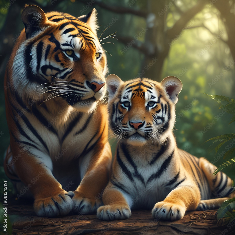 Obraz premium Large Mother tiger staying alert with her young cub beside her in the jungle.