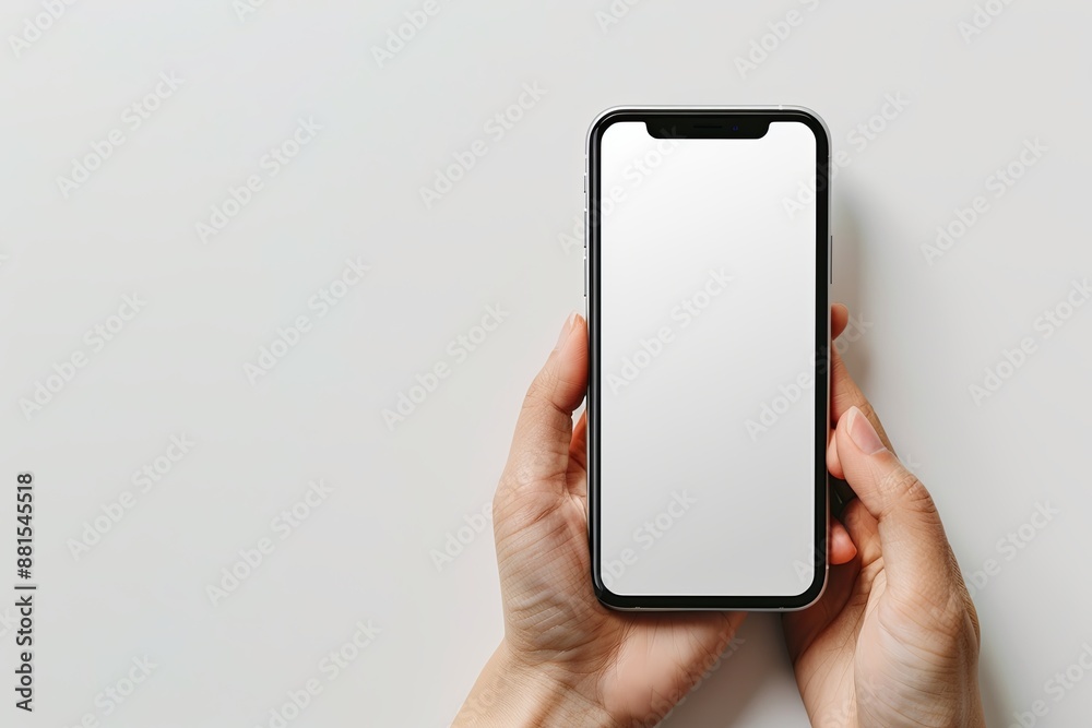 Smartphone mockup on hand with white blank screen created with Generative AI Smartphone mockup on hand with white blank screen created with Generative AI
