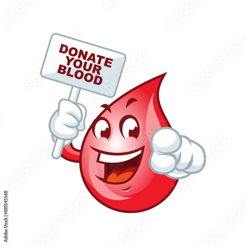 hero red blood drop mascot character holding sign board.