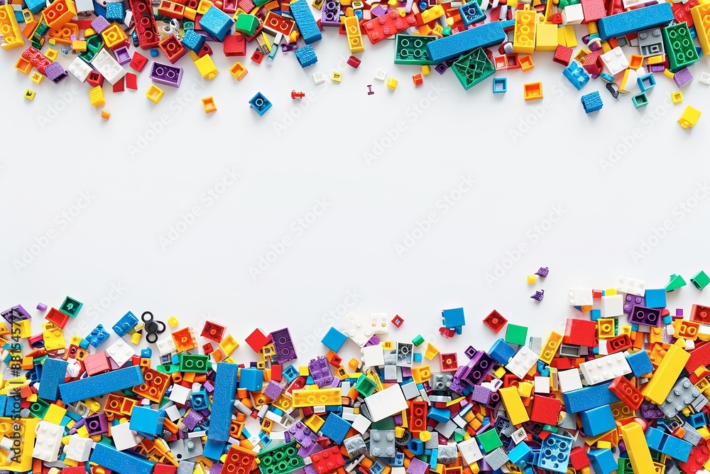 White background, white space in the center of picture. A pile of colorful blocks scattered all over the place. The bricks of different shapes and sizes to show White background, white space in the center of picture. A pile of colorful blocks scattered all over the place. The bricks of different shapes and sizes to show