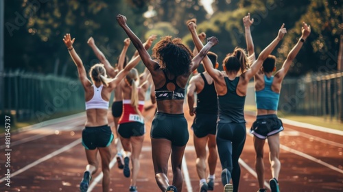 A group of diverse runners or athletes raised their hands while running on the track celebrating or doing warm exercises rear view shot.