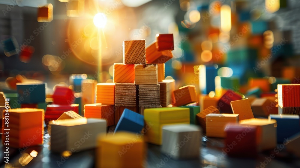 High-quality image of wooden children's building blocks in a playful, colourful array, set in a sunny, bright scene with an epic composition perfect for showcasing on Behance