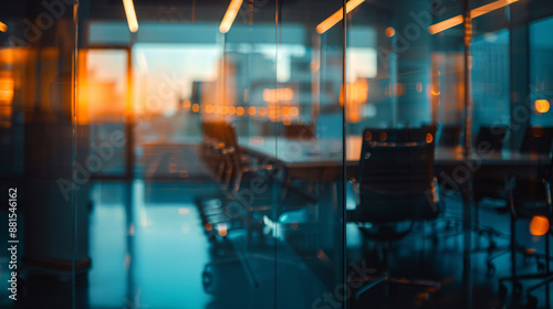 Defocused Modern office board room, empty chairs, with blurred bokeh background. dehaze office meeting room.