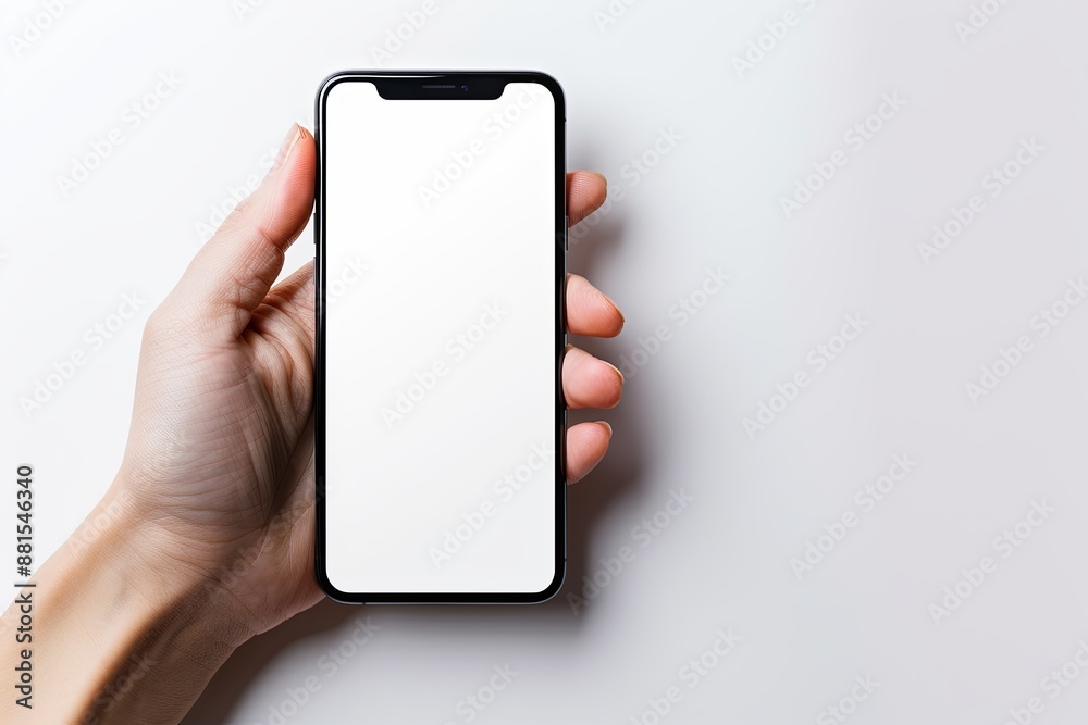 Smartphone mockup on hand with white blank screen created with Generative AI Smartphone mockup on hand with white blank screen created with Generative AI