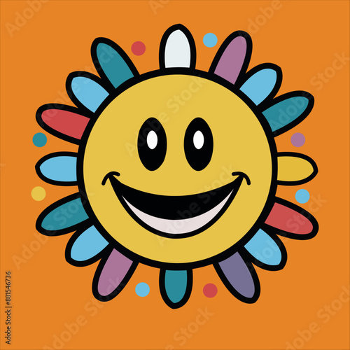 Vector cute smiling sun face. Funny childish sun in flat design. Childish sunshine vector emoji. Baby sun with sunbeams