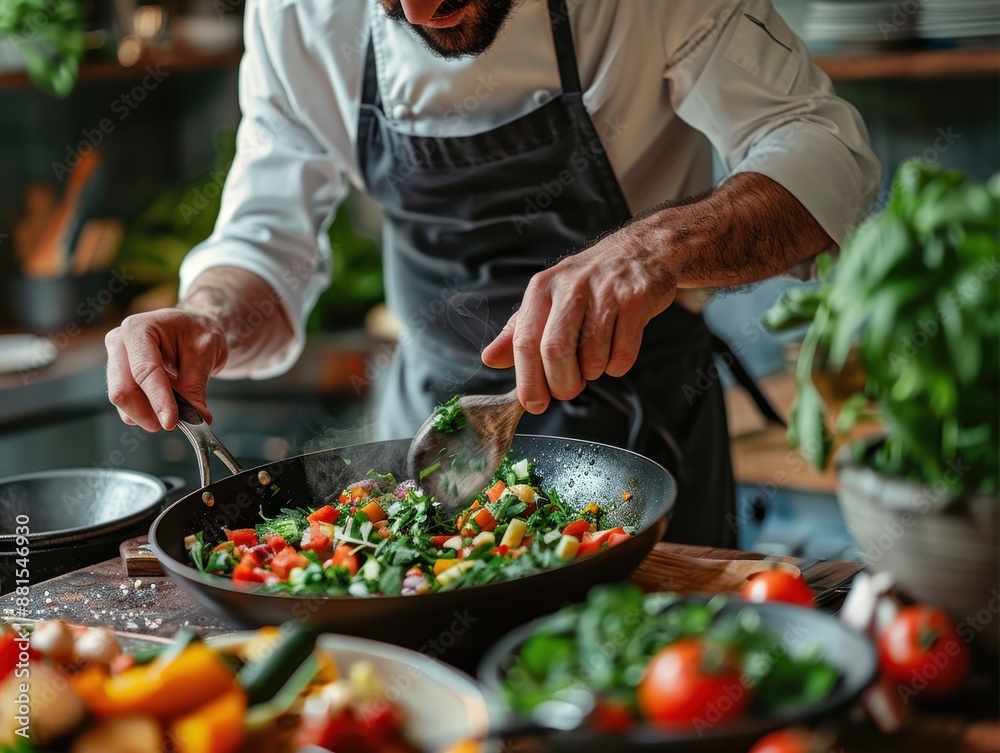 A chef is cooking a vegetable stir fry in a pan A chef is cooking a vegetable stir fry in a pan