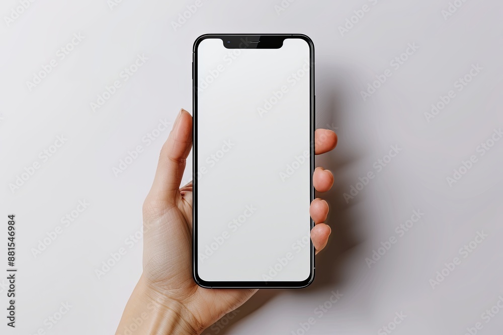 Smartphone mockup on hand with white blank screen created with Generative AI Smartphone mockup on hand with white blank screen created with Generative AI