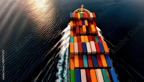 An overhead shot of a stateoftheart container vessel leaving port
