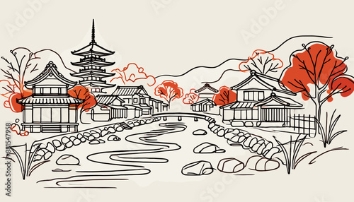 Concept of Kyoto in Autumn. Vector illustration.
