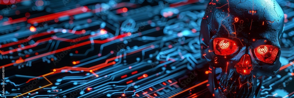 Φωτογραφία Cyber Skull - Digital Death - A close-up of a digital skull with glowing red eyes, against a background of a circuit board, representing the dangers of technology