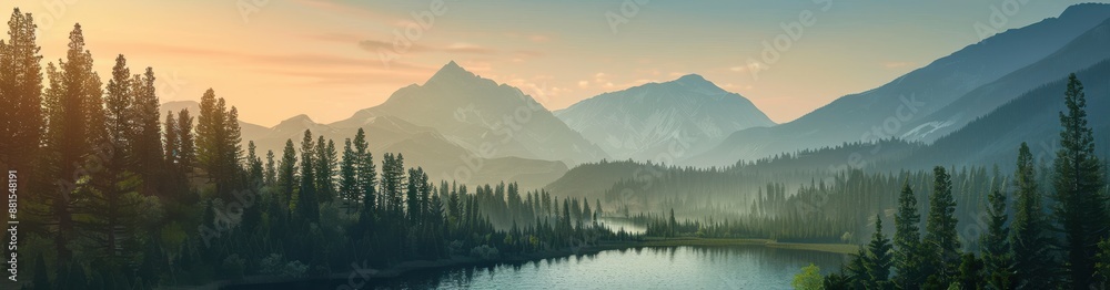 Obraz premium Scenic view of a tranquil lake surrounded by lush forests and majestic mountains at sunrise, capturing the beauty of nature.