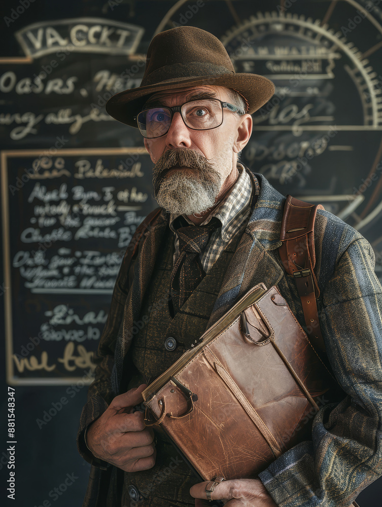 Fototapeta premium Portrait of a Man with a Hat and a Leather-Bound Book - A portrait of an older man with a hat and a leather-bound book. He is standing in front of a chalkboard with a serious expression on his face. 