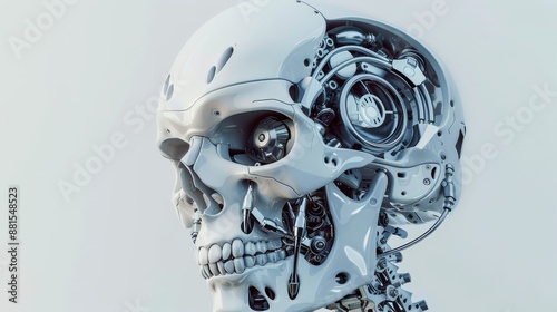 Robotic Skull - A Futuristic Vision of Artificial Intelligence - A detailed close-up of a robotic skull, revealing intricate mechanical workings and futuristic design. The image evokes a sense of adva photo