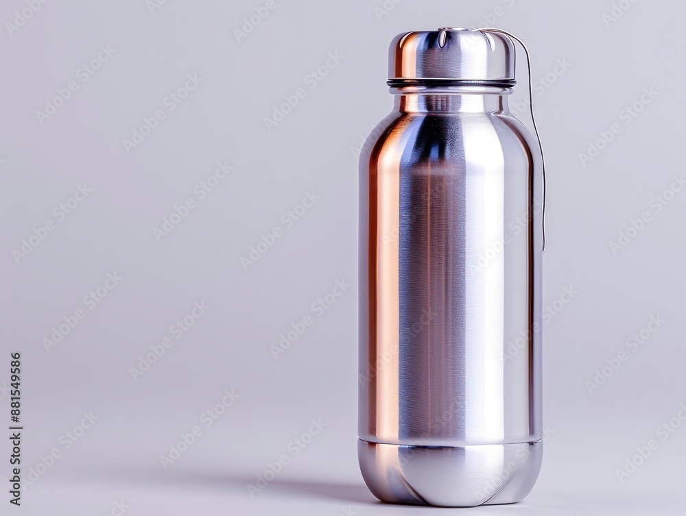 High quality, closeup photo of a shiny stainless steel water bottle, isolated on white background, high resolution, product stock photography, crisp and professional High quality, closeup photo of a shiny stainless steel water bottle, isolated on white background, high resolution, product stock photography, crisp and professional