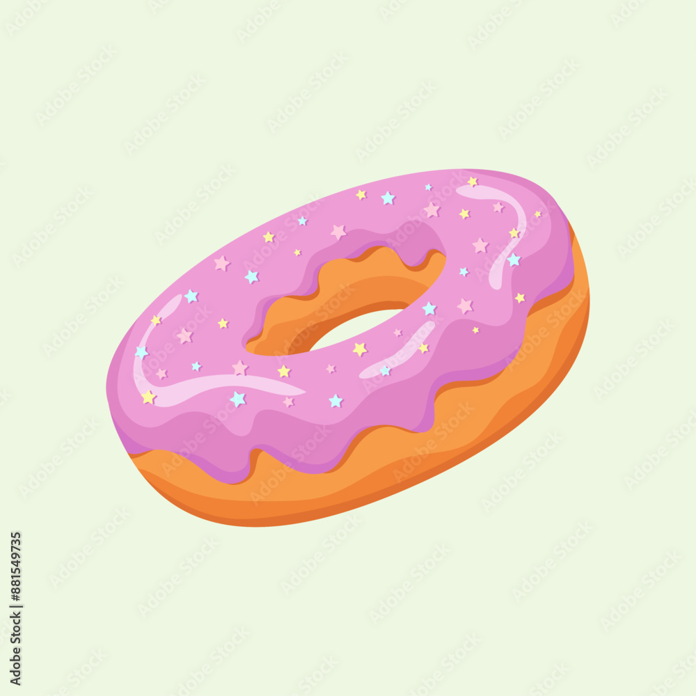 Donut isolated on green background. Cute, colorful and glossy donuts with lilac glaze and multicolored stars. Simple modern design. Vector illustration. Donut isolated on green background. Cute, colorful and glossy donuts with lilac glaze and multicolored stars. Simple modern design. Vector illustration.