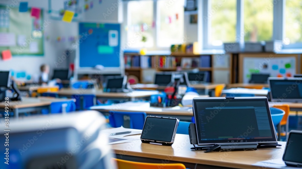 A modern classroom equipped with tablets and laptops, illustrating a tech-savvy learning environment designed for digital education A modern classroom equipped with tablets and laptops, illustrating a tech-savvy learning environment designed for digital education