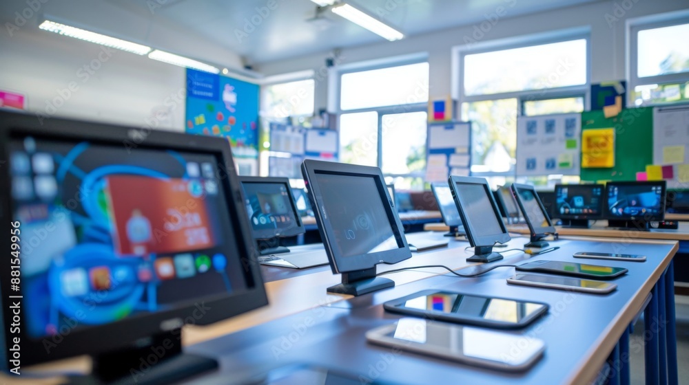 A classroom fully equipped with digital devices like tablets and monitors, designed to enhance interactive learning experiences for students A classroom fully equipped with digital devices like tablets and monitors, designed to enhance interactive learning experiences for students