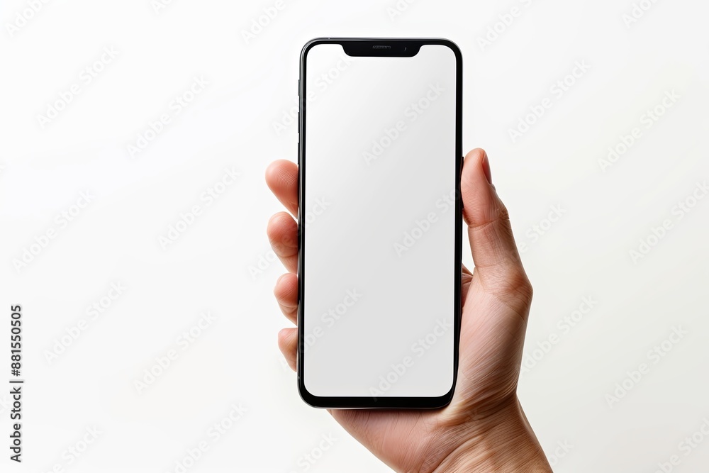 Smartphone mockup on hand with white blank screen created with Generative AI Smartphone mockup on hand with white blank screen created with Generative AI